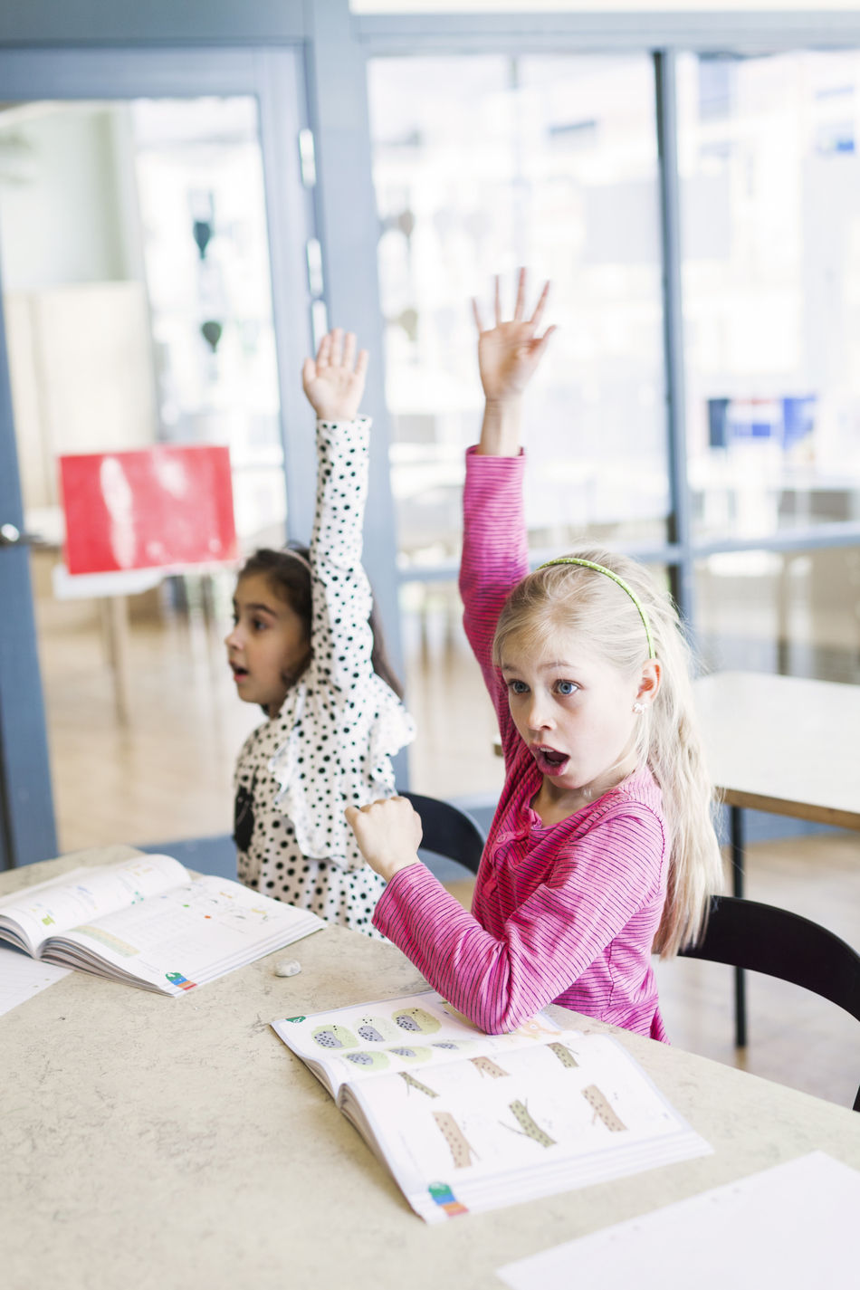 Girls (8-9) raising hands in classroom